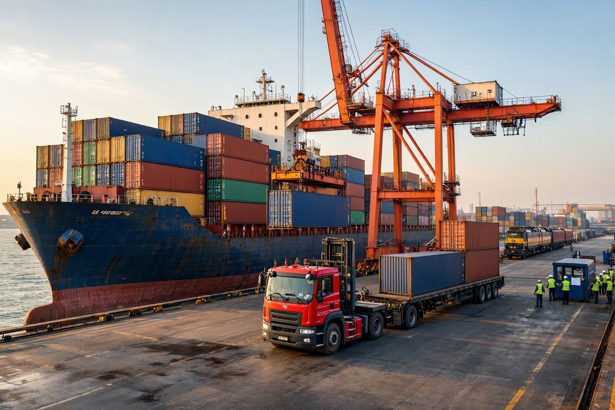 Containers and general cargo being handled at a UK port