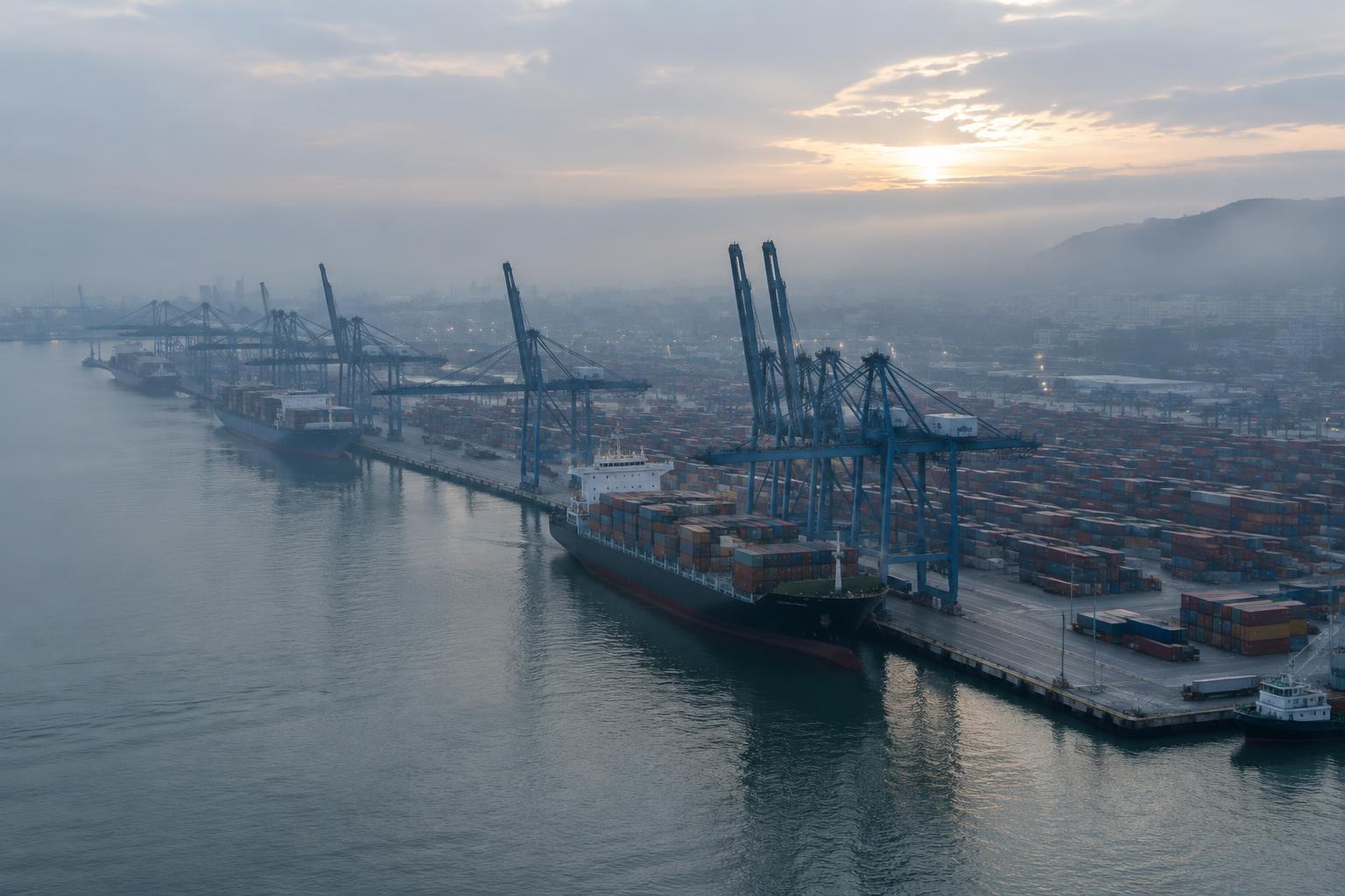 UK container terminal, wide documentary shot